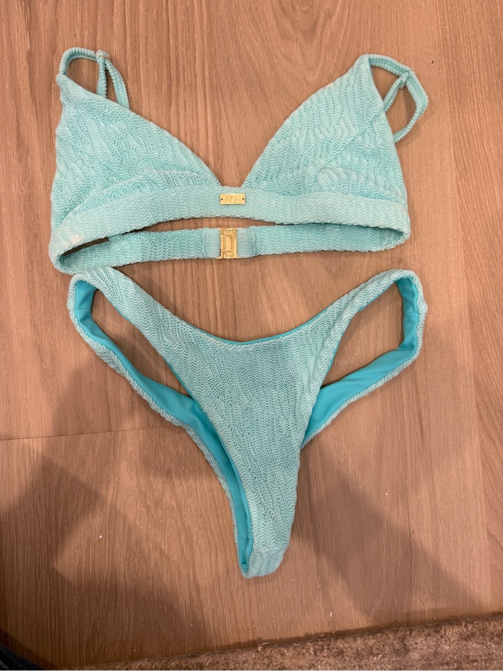 Light Aqua Textured Triangle Bikini Set - Women Swim